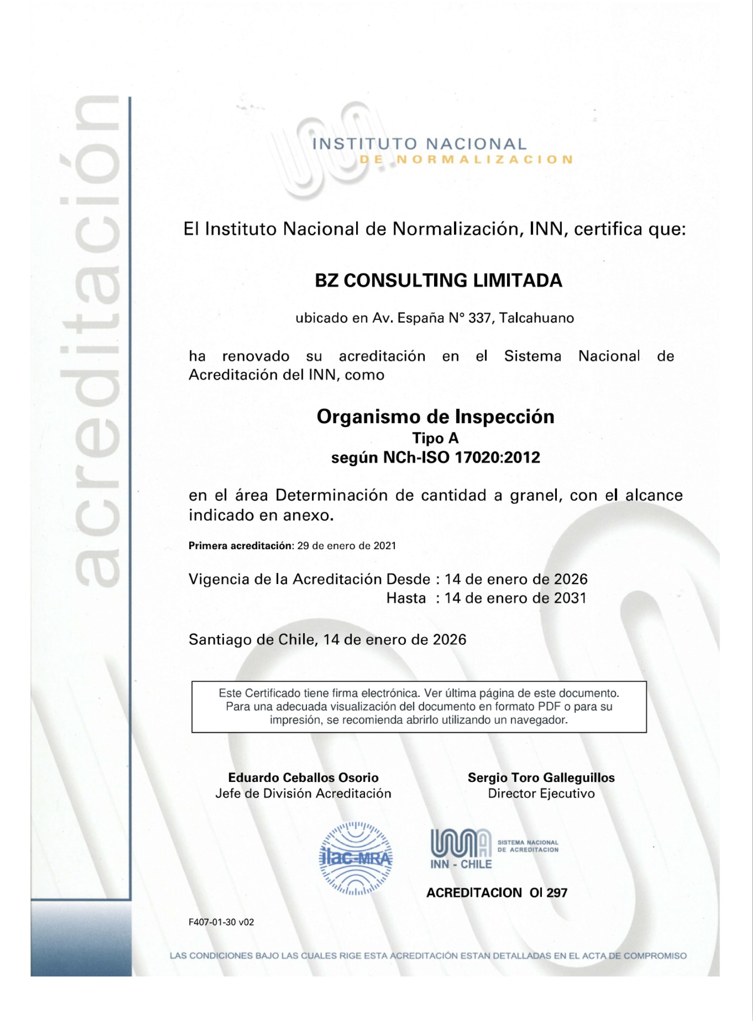 BZ Consulting Renueva su Acreditación como Organismo de Inspección Tipo A