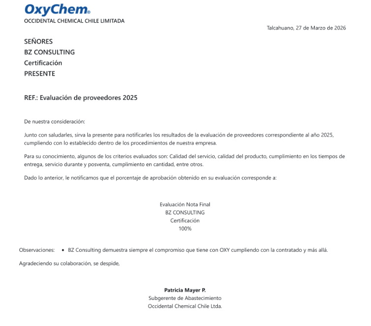 Client Recognition: 100% in Supplier Evaluation — Occidental Chemical Chile