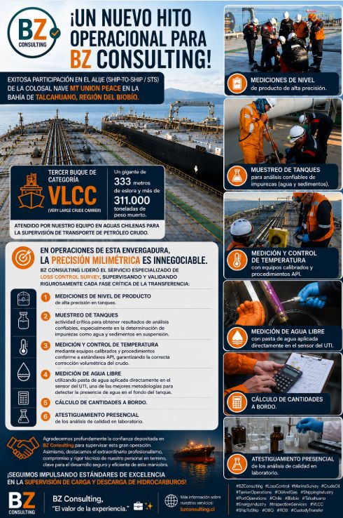 Operación de alije STS del VLCC MT Union Peace en la Bahía de Talcahuano
